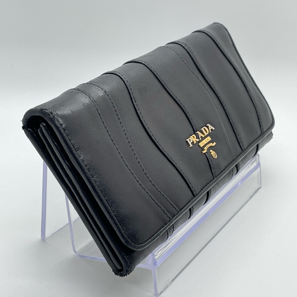 PRADA Black/Nero Nappa Leather Long Wallet stitched wave design - Picture 3 of 13